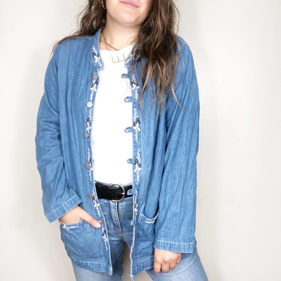Vintage Jackets & Blazers - VINTAGE 90'S | Women's Large Blue Embroidered Long Jacket Denim Jean Cotton